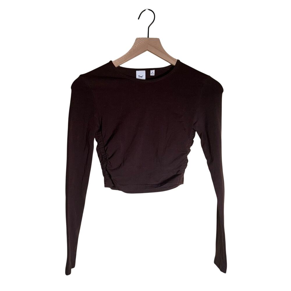 TNA ARITZIA cropped ruched side classic brown stretchy tee XS